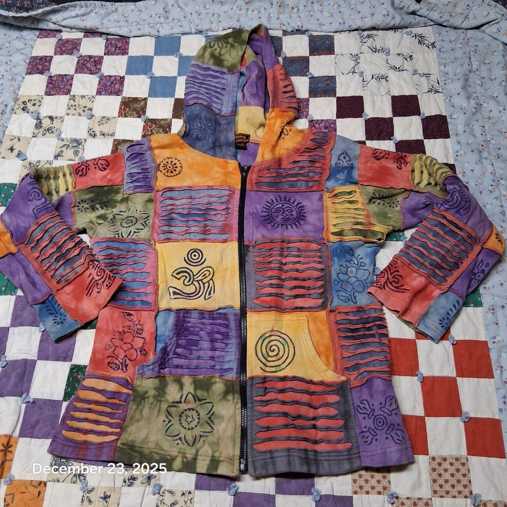 Rising International Patchwork Full Zip Hoodie Size Large Boho‎ Hippie Nepal